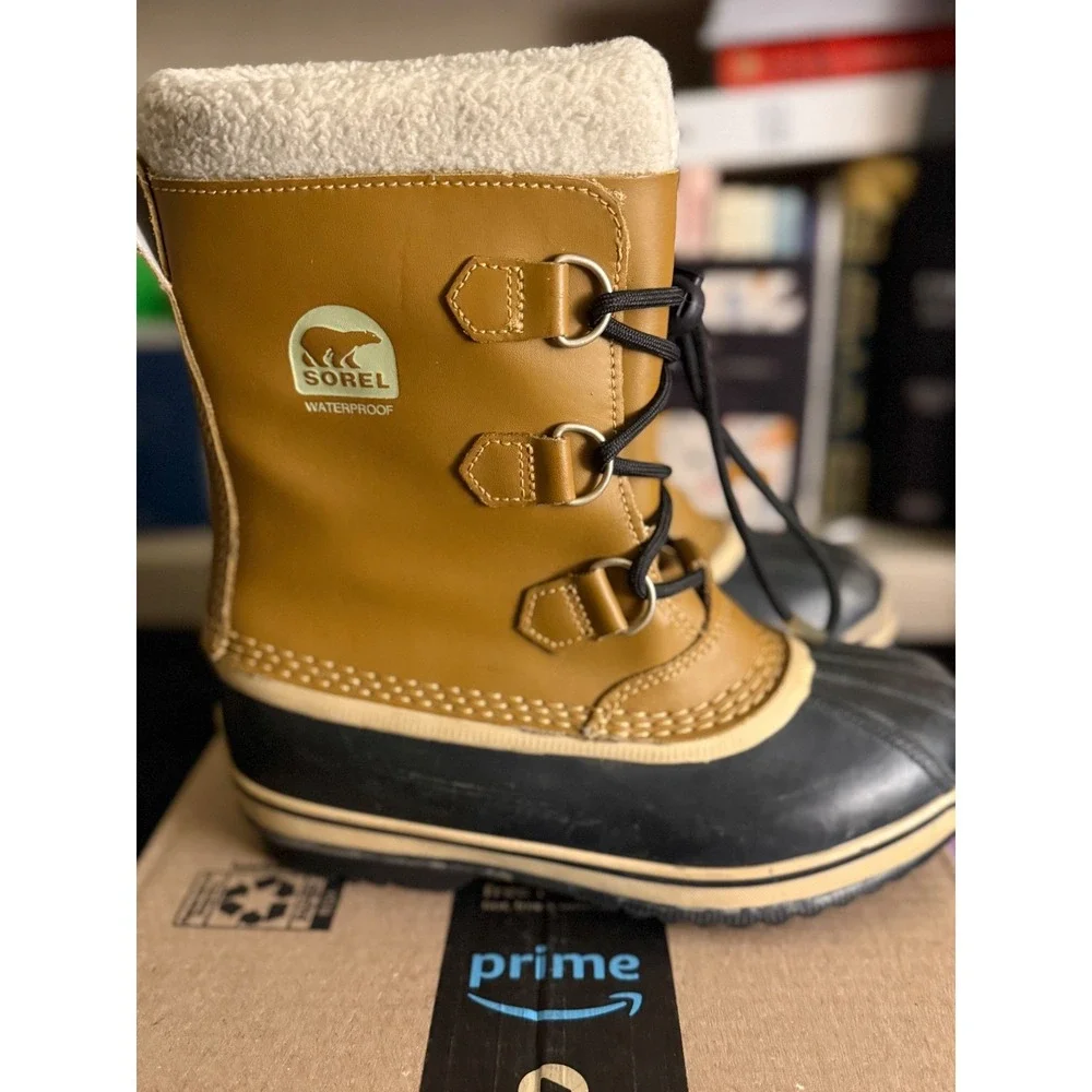 Sorel Yoot Pac Nylon Waterproof‎ Snow Rain Boot Tan Black Faux Fur Women's 5